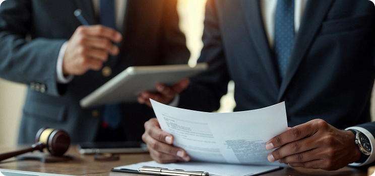 Legal trade compliance documentation review with executive team