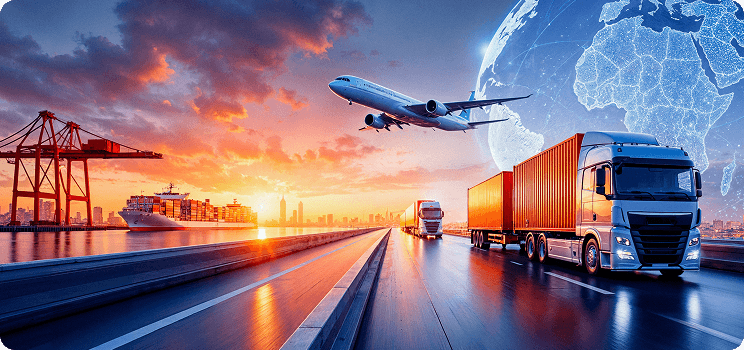 Global multimodal freight transport scene with airplane, container truck, and ship
