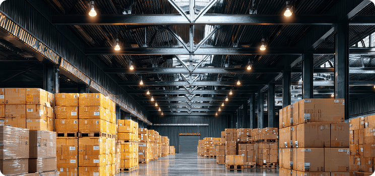 Modern high-bay warehousing storage facility with pallet racking